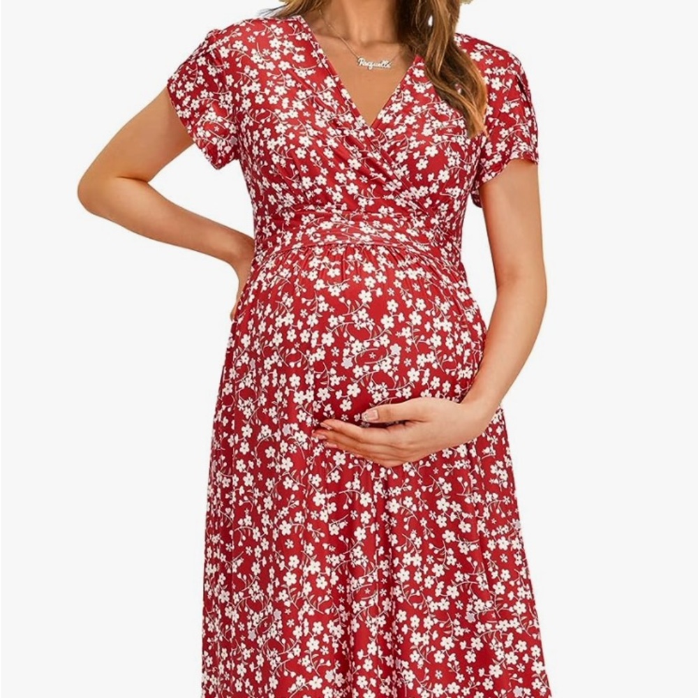 Maternity Red Flower Maxi Dress | Size XL | Ouges brand bought on Amazon